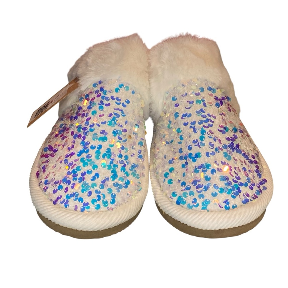 CC Sequin Slippers White Womens Size 8-10 M-L NWT New Slides Shoes Faux Fur - Picture 5 of 8